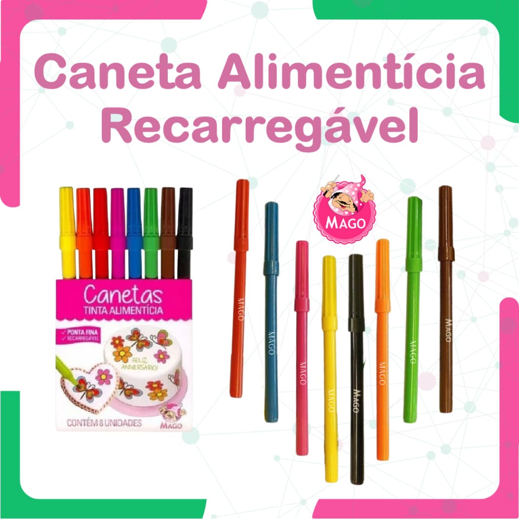 Kit 8 Canetas Alimenticia Comestivel Para Bolo Pasta americana Doces Papel De Arroz Com Ponta fina