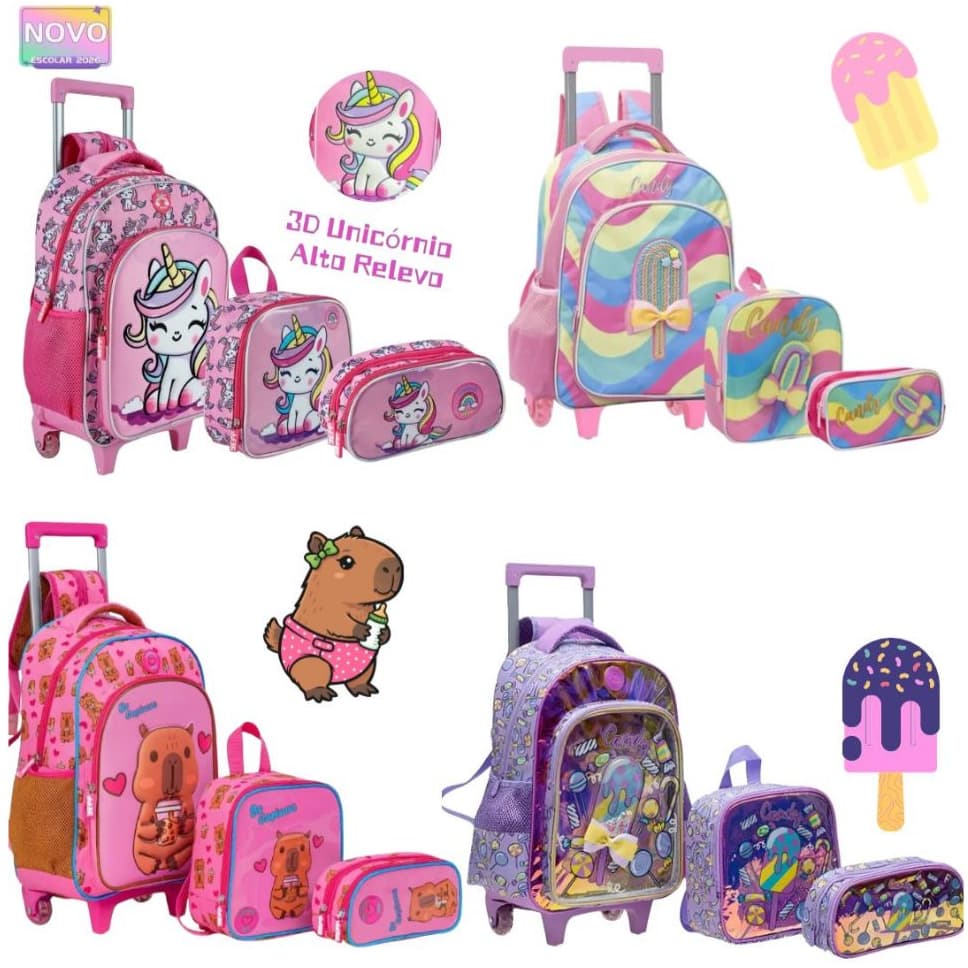 Kit Escolar Menina Infantil Volta As Aulas Rodinha Estojo, Lancheira e Carrinho 2026