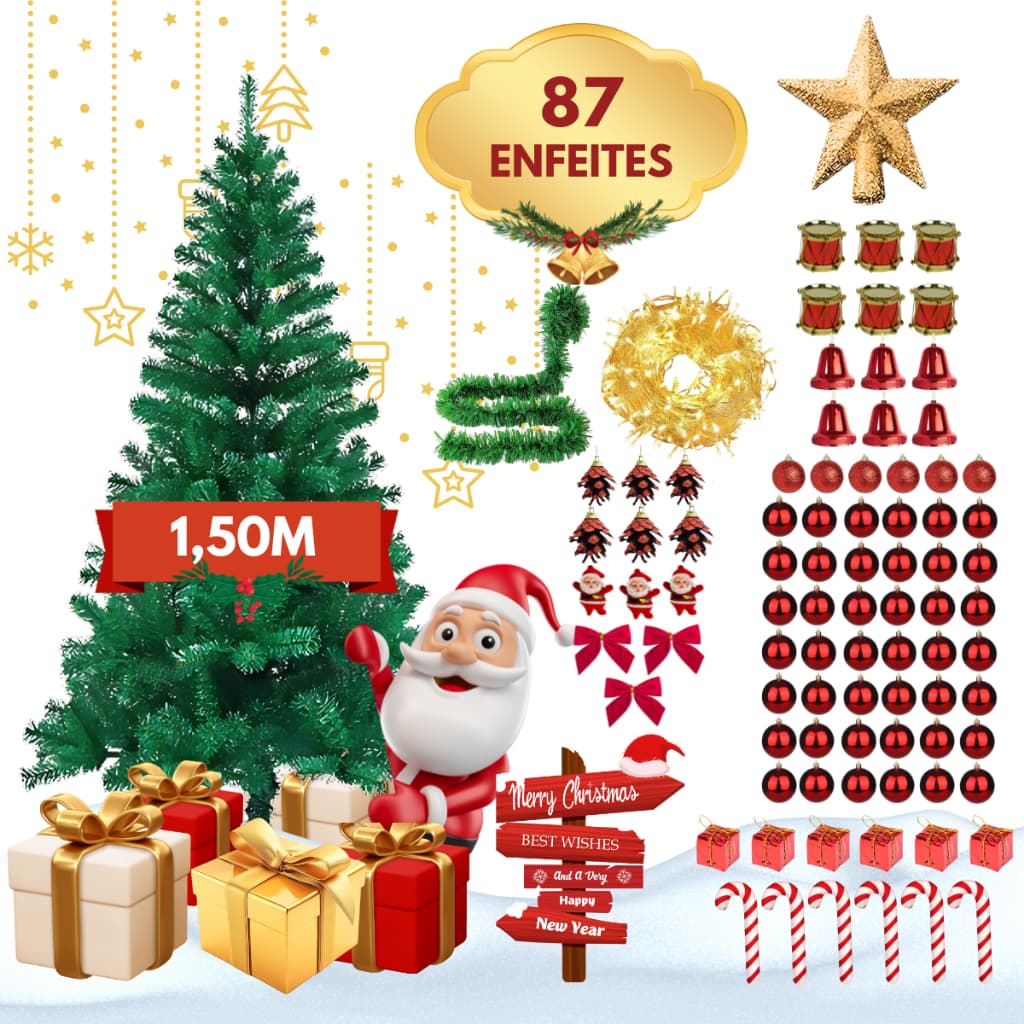 Árvore Natal Pinheiro Premium 150cm 200 Galhos Decorada Kit Completo Enfeites + Pisca Verde e Nevada