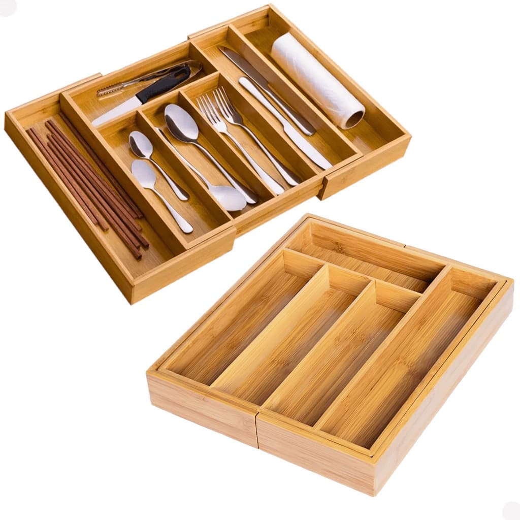 Porta Talheres Gaveta Bambu 7 Divisórias Extensível Ajustável Organizador Talheres Madeira