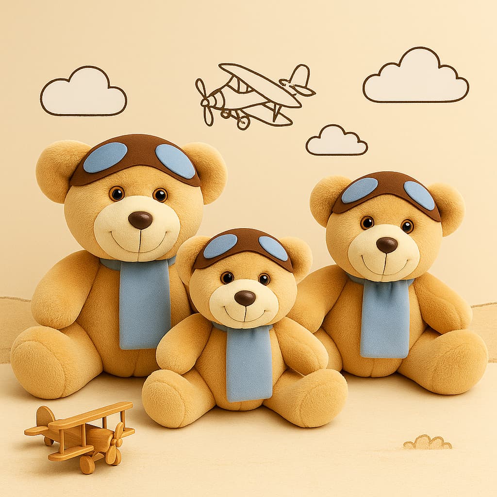 Trio Ursos de Pelúcia Aviador Decorativo Quarto Bebê Urso Avião P M G