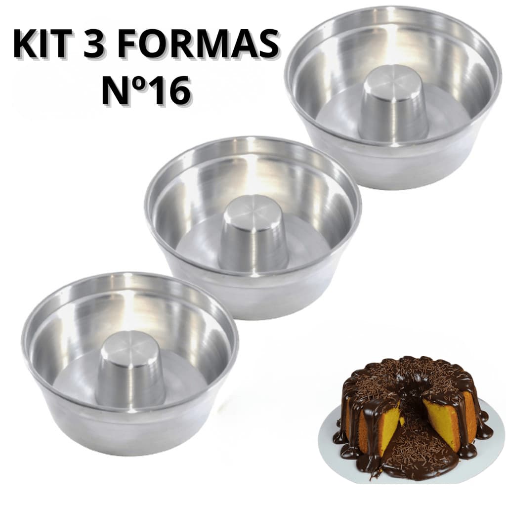 Conjunto 3 Formas 16cm – Alumínio Polido para Bolo, Pudim e Torta Suíça