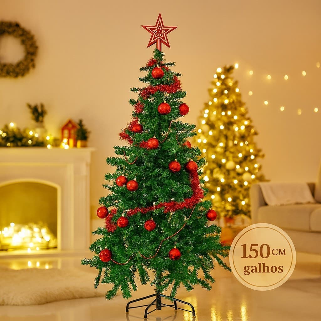 Árvore de Natal Luxuosa 150cm com 380 Galhos +Pisca Pisca+Festão- Base de Ferro e Acabamento Premium