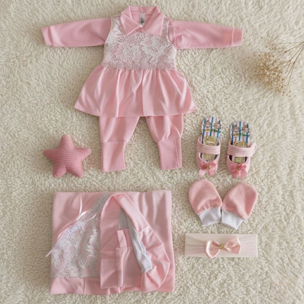 Saída Maternidade Luxo Rosa Renda Menina Kit Completo com 6 Peças 100% Algodão Pronta entrega Recém Nascido Feminino