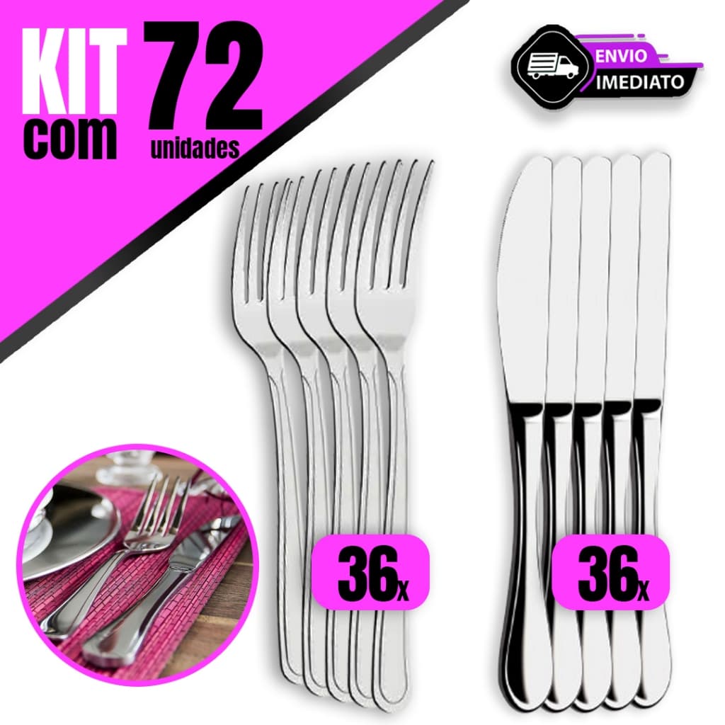 Kit de 72 Talheres em Aço Inox 36 Garfos 36 Facas