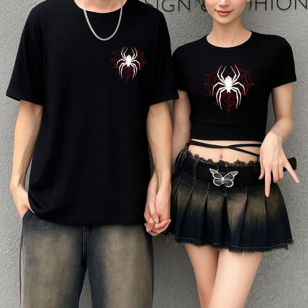 Kit De Casal Duas Peças Cropped E Camiseta Larga Oversized Estilo Spider Lovers