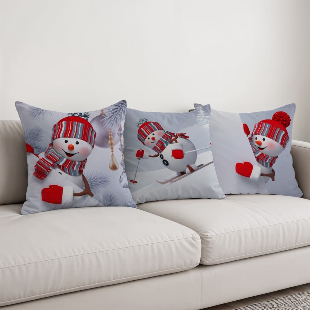 Kit 3 Capas de Natal Para Almofadas 45x45cm Decoração Boneco de Neve Papai Noel