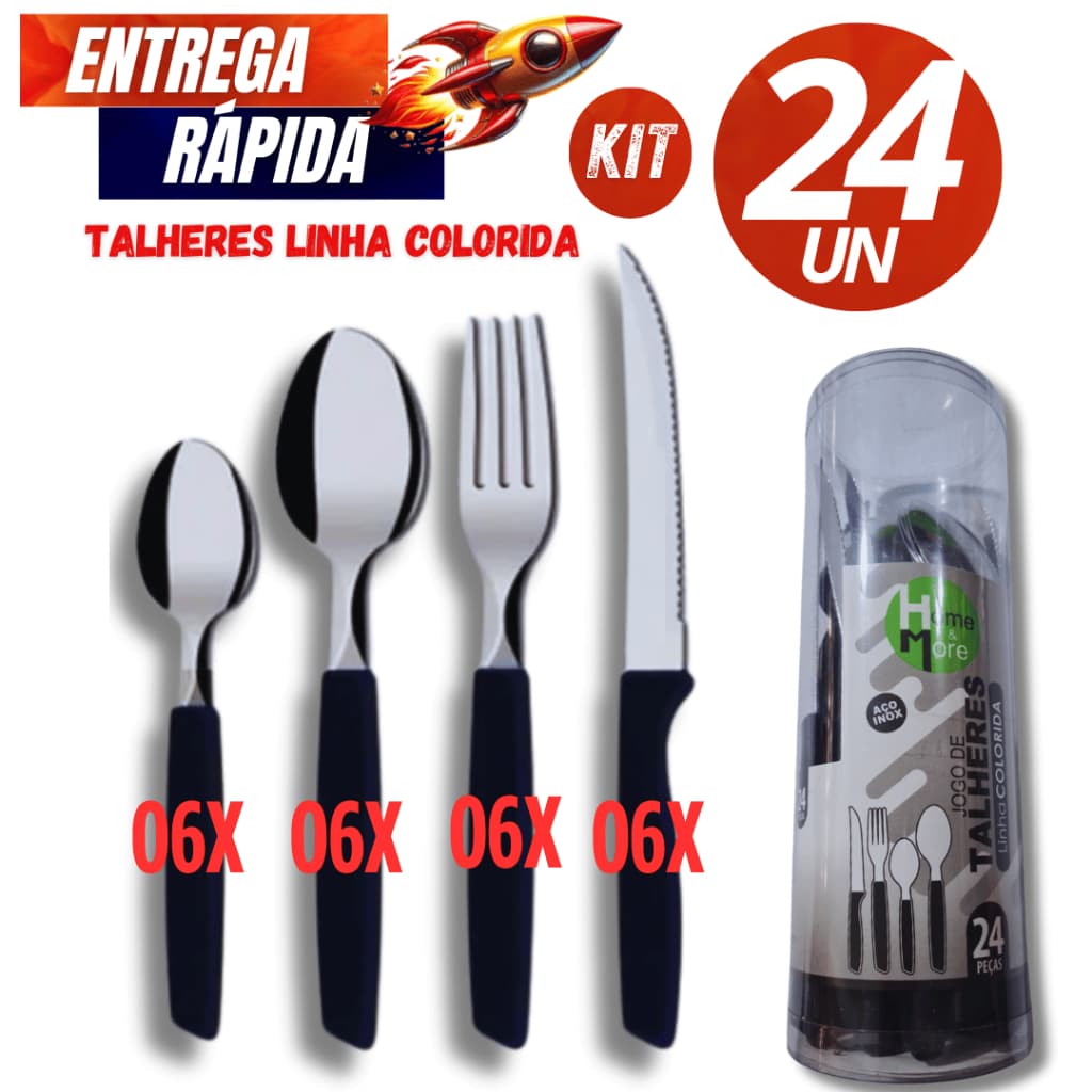 Conjunto Kit Talheres 24 Unidades 06 Unidades de Cada Colher, Garfo, Faca e Colher/Chá Linha Colorida e Resistente
