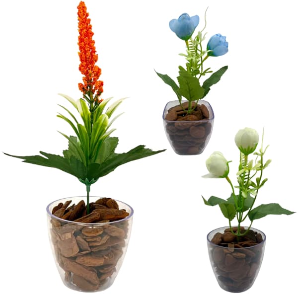 Conjunto 3 Decorações - Vasos Médios em Acrílico com Plantas Artificiais Sortidas
