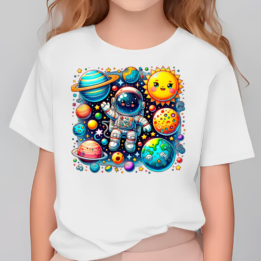 Camiseta Infantil Astronauta Planetas Estampa Colorida Espacial Masculina e Feminina