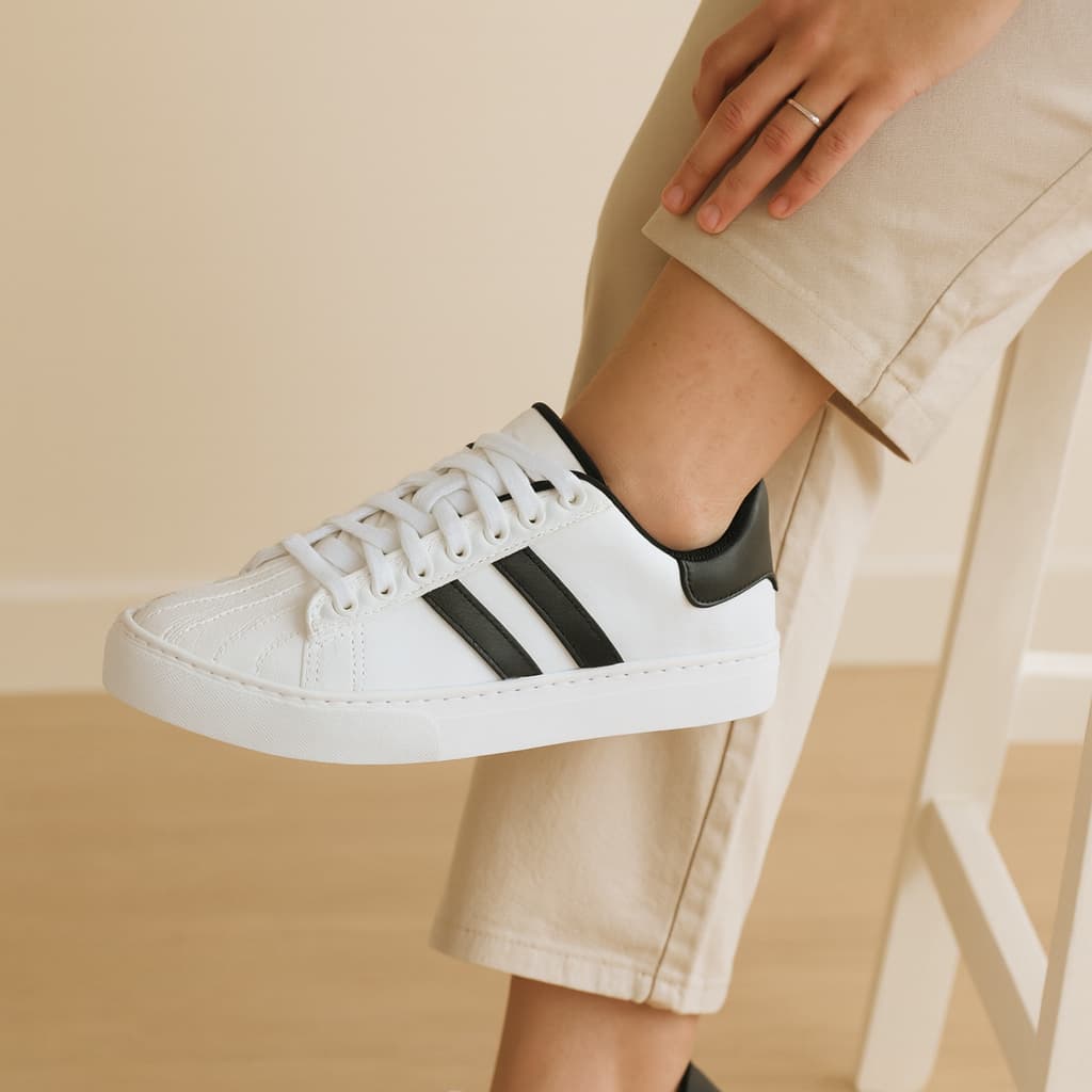 Tênis Casual Branco Feminino Confortável Tênis Estiloso Dia a Dia Tênis com Detalh Preto Moda Urbana