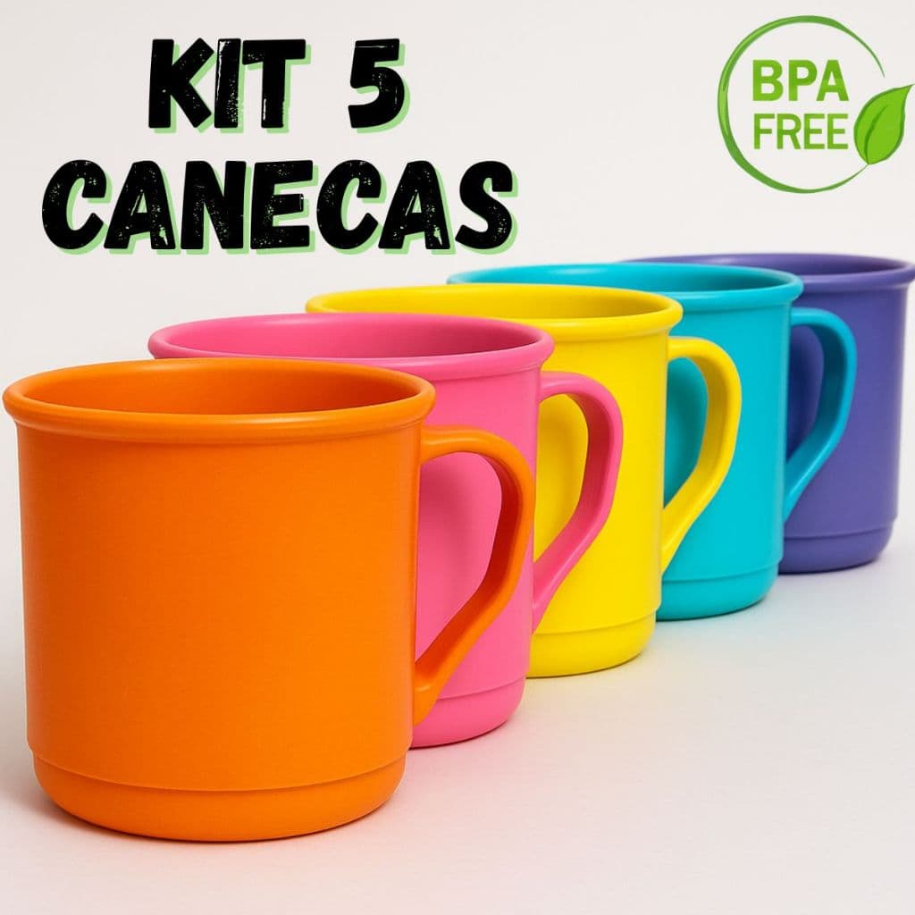 Kit 5 caneca copo reforçado alça suco agua infantil resistente criança rosa azul preto amarelo color