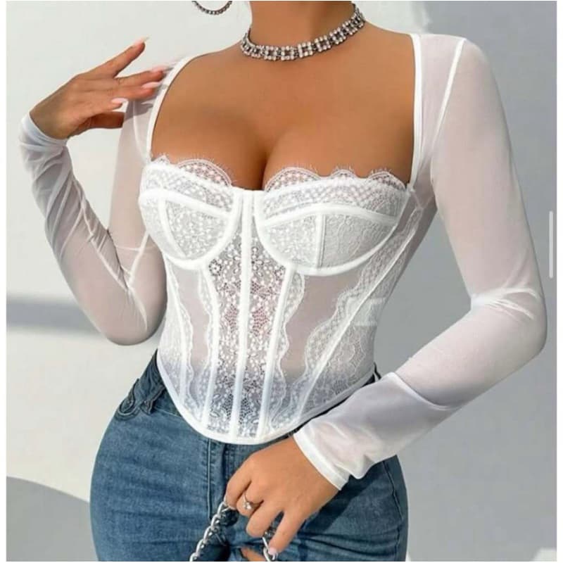 Corselete Feminino Diana Manga Longa Em Tule Moda Gringa