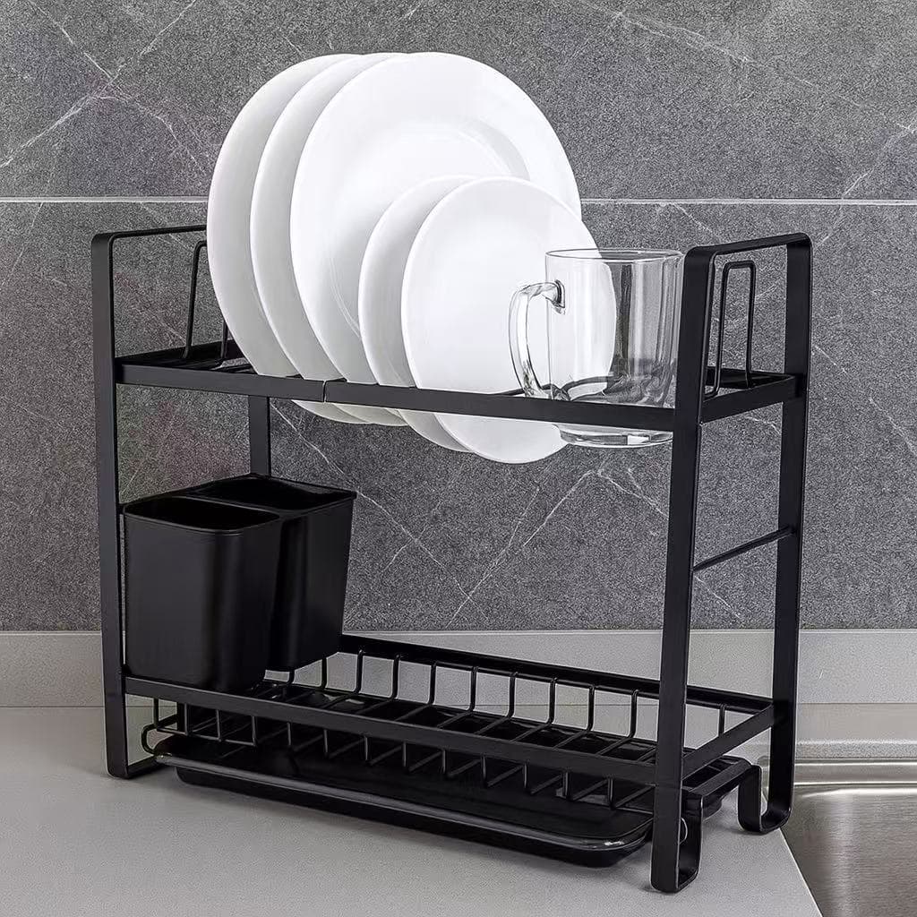 Escorredor de Louça Elegance Preto 2 camada com porta talheres