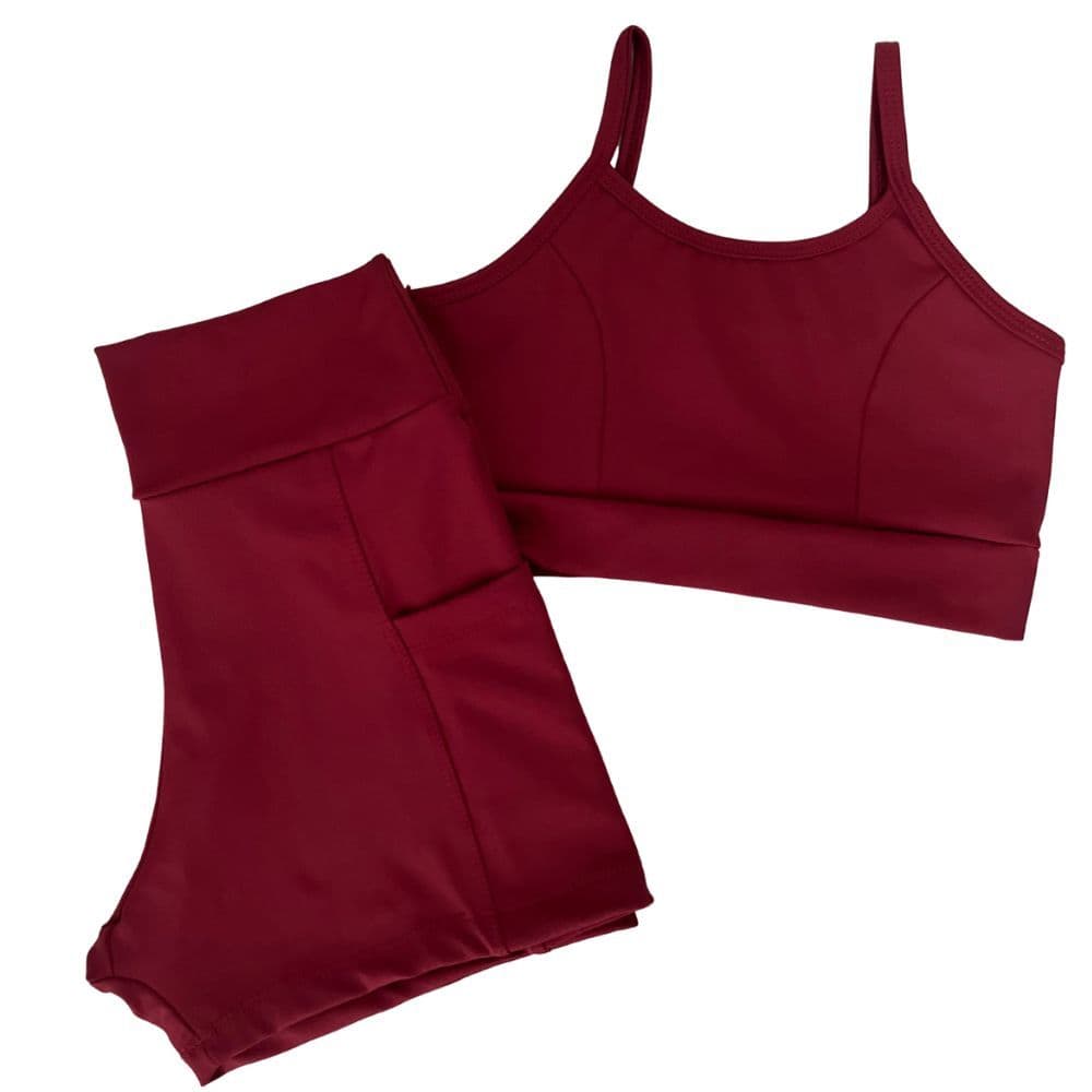Conjunto Academia Roupa feminina Corrida Shorts Bolso top alça Duplo Treino Fitness Piliamida Vermelho Bordo