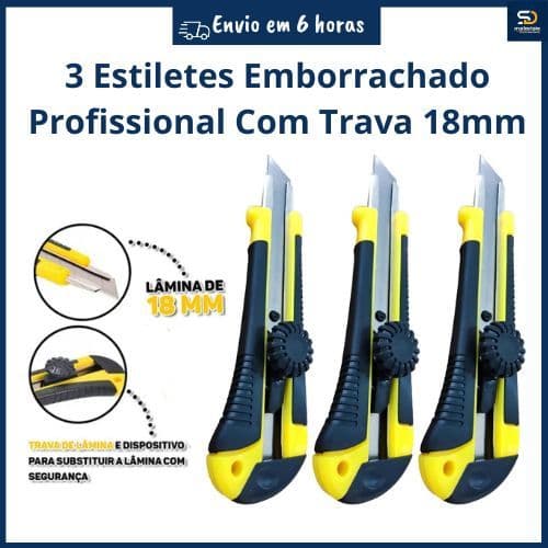3 Estilete Profissional 18mm Com Trava Cabo Emborrachado Fertak