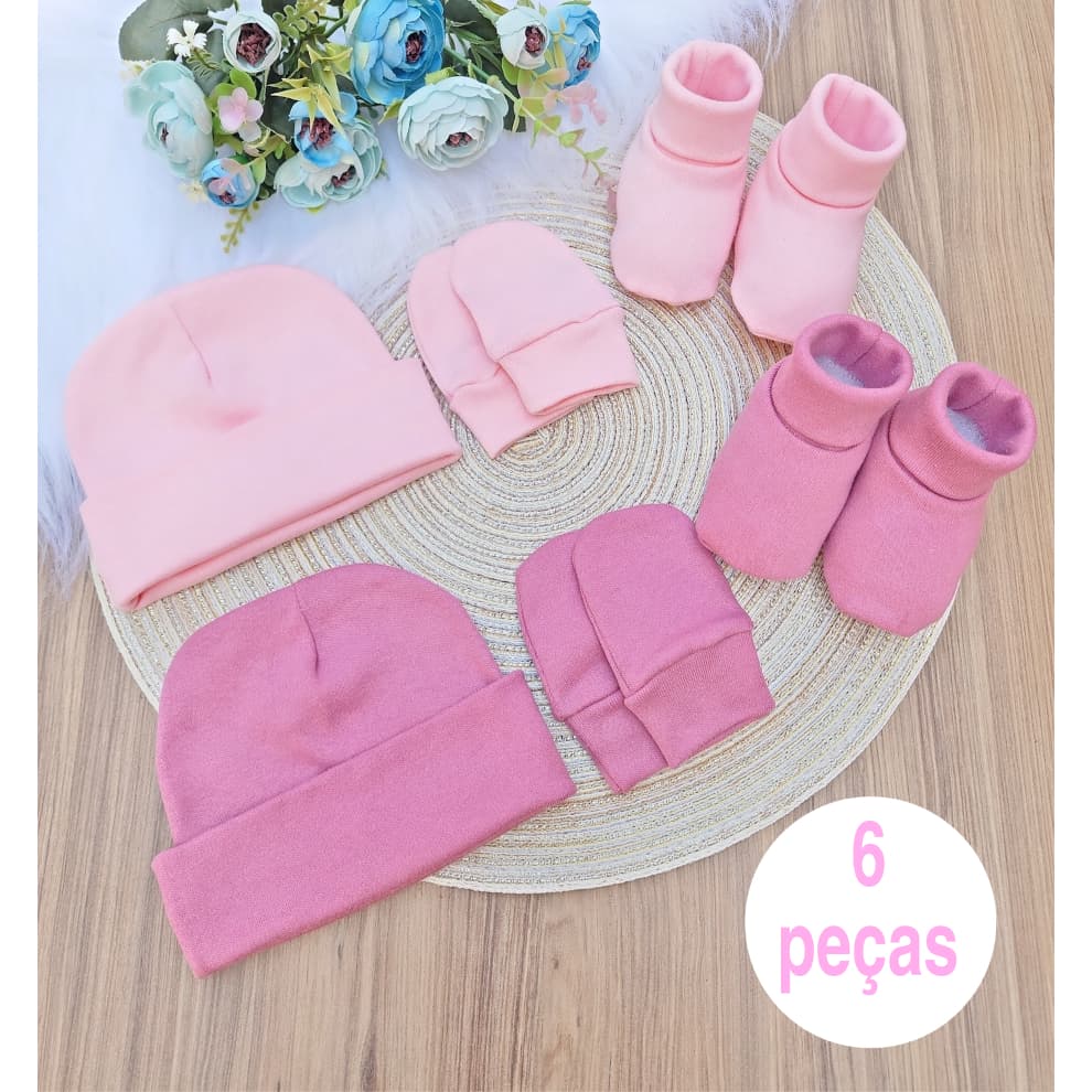 Kit Touca Luva e Sapatinho Pantufa RN Menina e Menino Algodão Maternidade Enxoval
