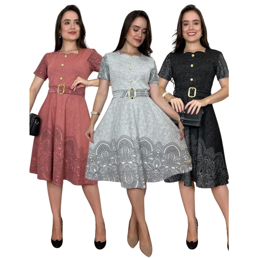 Vestido Midi Gode Barrado com Botão Meio e Cinto Gola Coração Moda Cristã e Evangelica Modesta