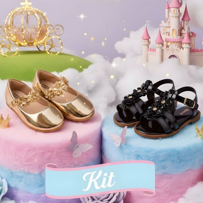 Kit 2 Pares Sapatilha  Sandália Infantil Menina Flores Strass Delicada Meiga Promoção Volta às Aulas