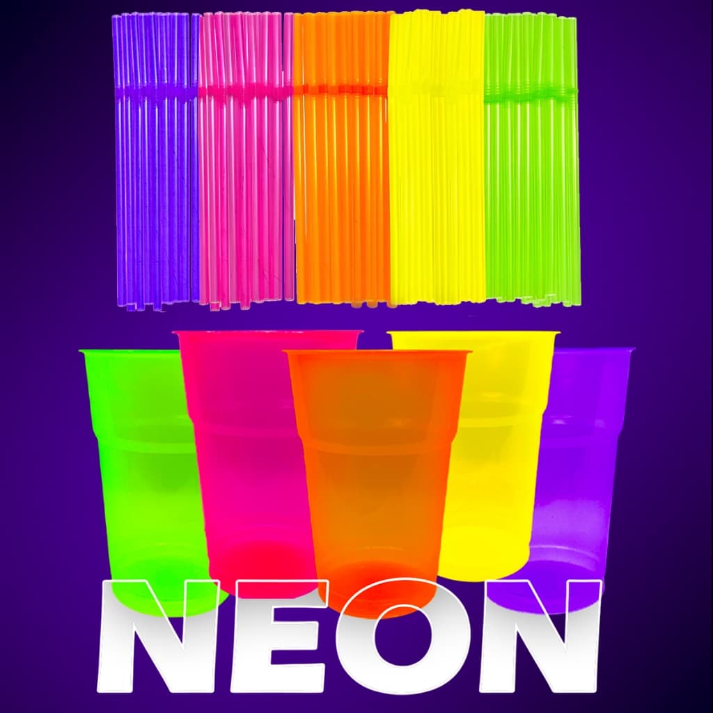 100 Copos 300ml Neon Colorido + 100 Canudos Neon Biodegradáveis