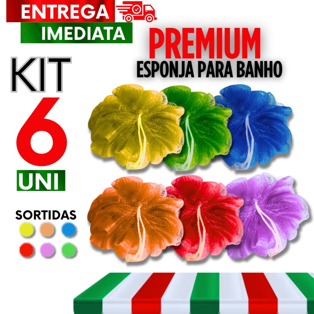 Combo com 06 Uni Esponja Bucha de Banho em Nylon Com Cordinha Qualidade e Durabilidade para banho