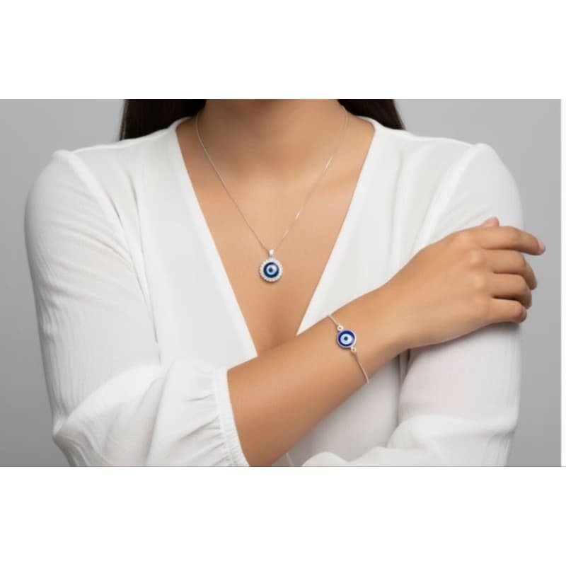 Conjunto Colar 0lho Grego Mais A Pulseira Folheado A Prata 925 Corrente Feminino Veneziana Delicado.