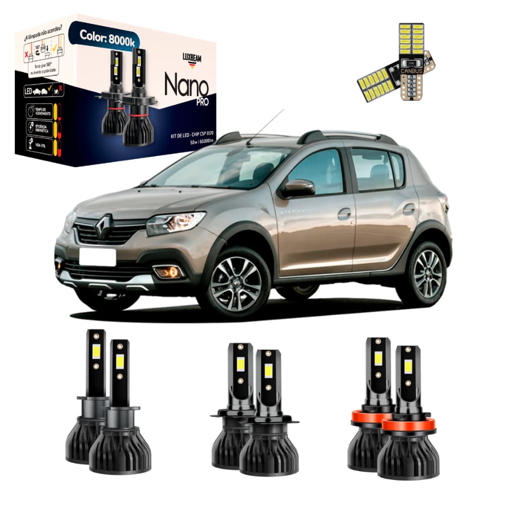 Kit Super Led Premium Sandero Stepway 2015 a 2022 50w 8000k Luxbeam Lâmpada Farol Alto Baixo Milha
