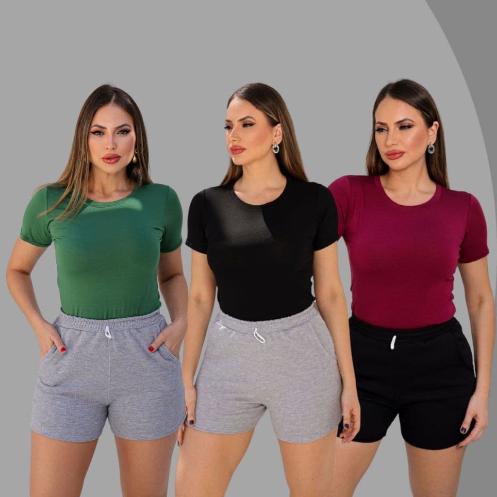 Kit 5 Blusas T-Shirt  Feminina em Visco Lycra Gola Redonda com e Ajuste Perfeito