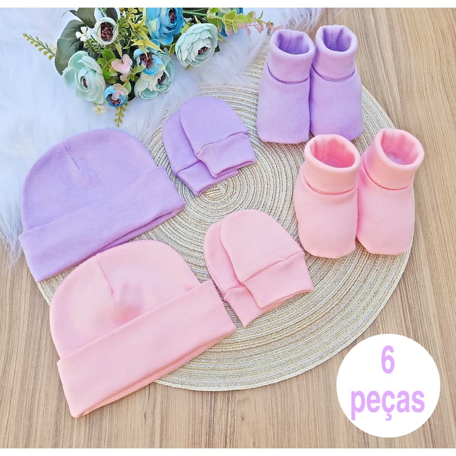 Kit Touca Luva e Sapatinho Pantufa RN Menina e Menino Algodão Maternidade Enxoval