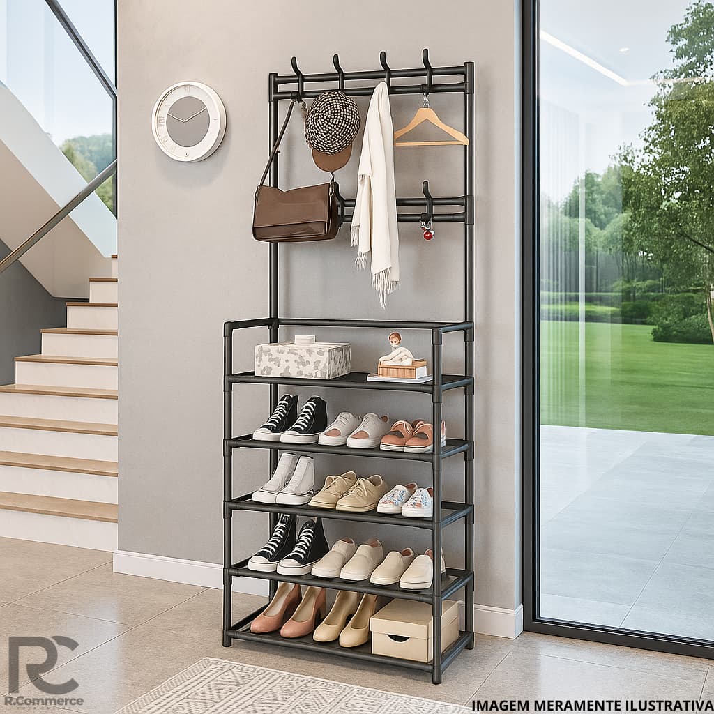 Prateleira Estante Rack Organizadora 5 Níveis Multiuso com 8 Ganchos Roupas Calçados Lavanderia