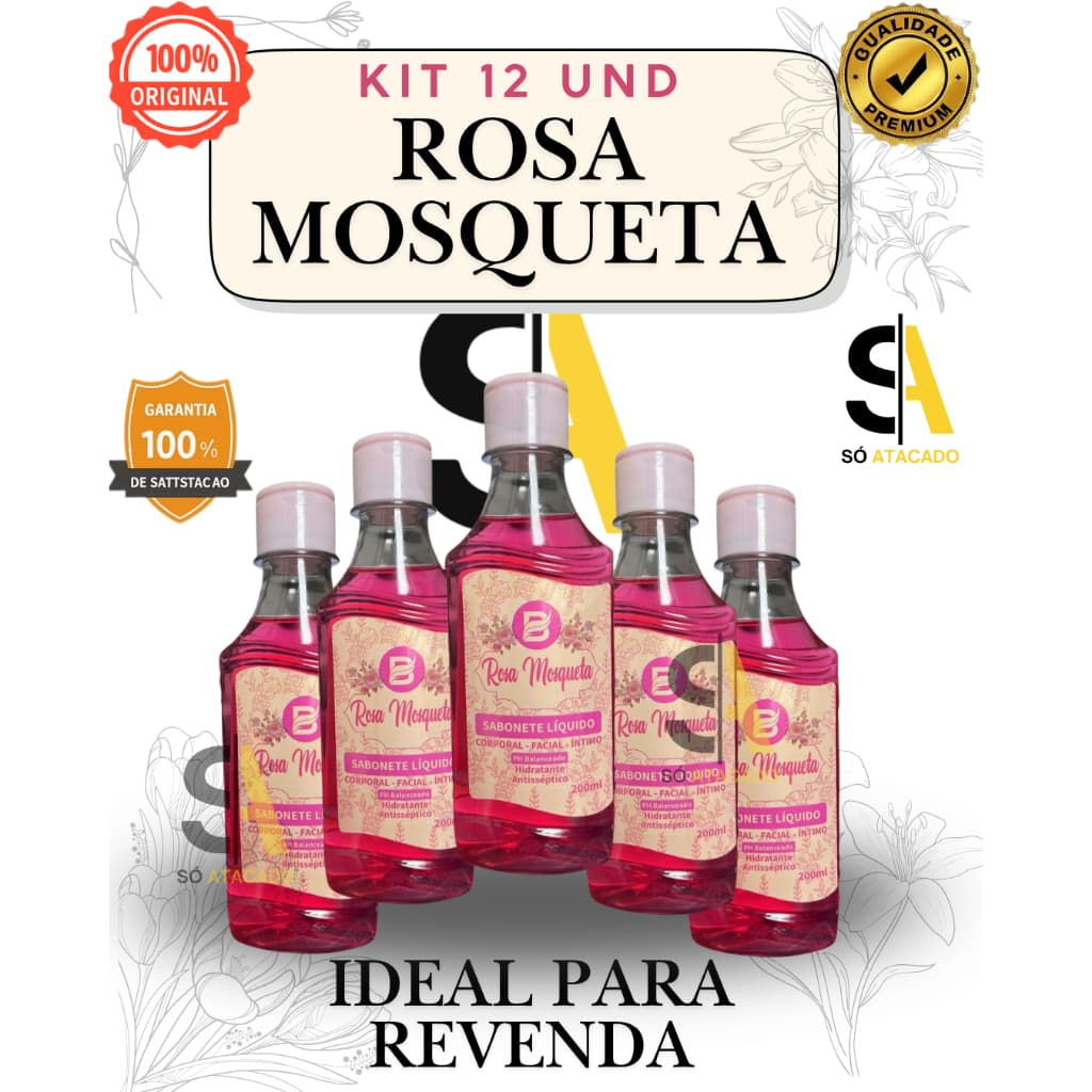 Kit 12 UND - Sabonete Líquido Rosa Mosqueta 200ml  BARUC- Hidratante ,Antisséptico, Tira manchas