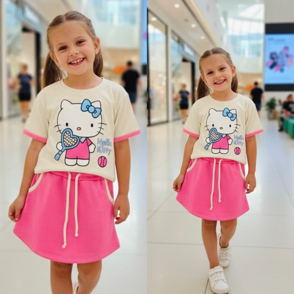 Conjunto Infantil Menina Short Saia E Blusa Estilosa Hello Kity Roupa Fresquinha Para Passear