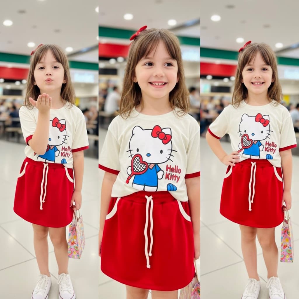 Conjunto Infantil Menina Hello Kity  Short Saia E Blusinha Estilosa e Confortável  Para O Verão
