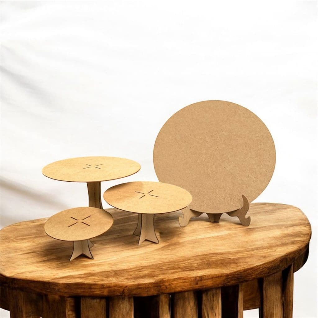 Trio de Boleira em MDF Com Painel Redondo 50x50cm Para Decoração de Festas