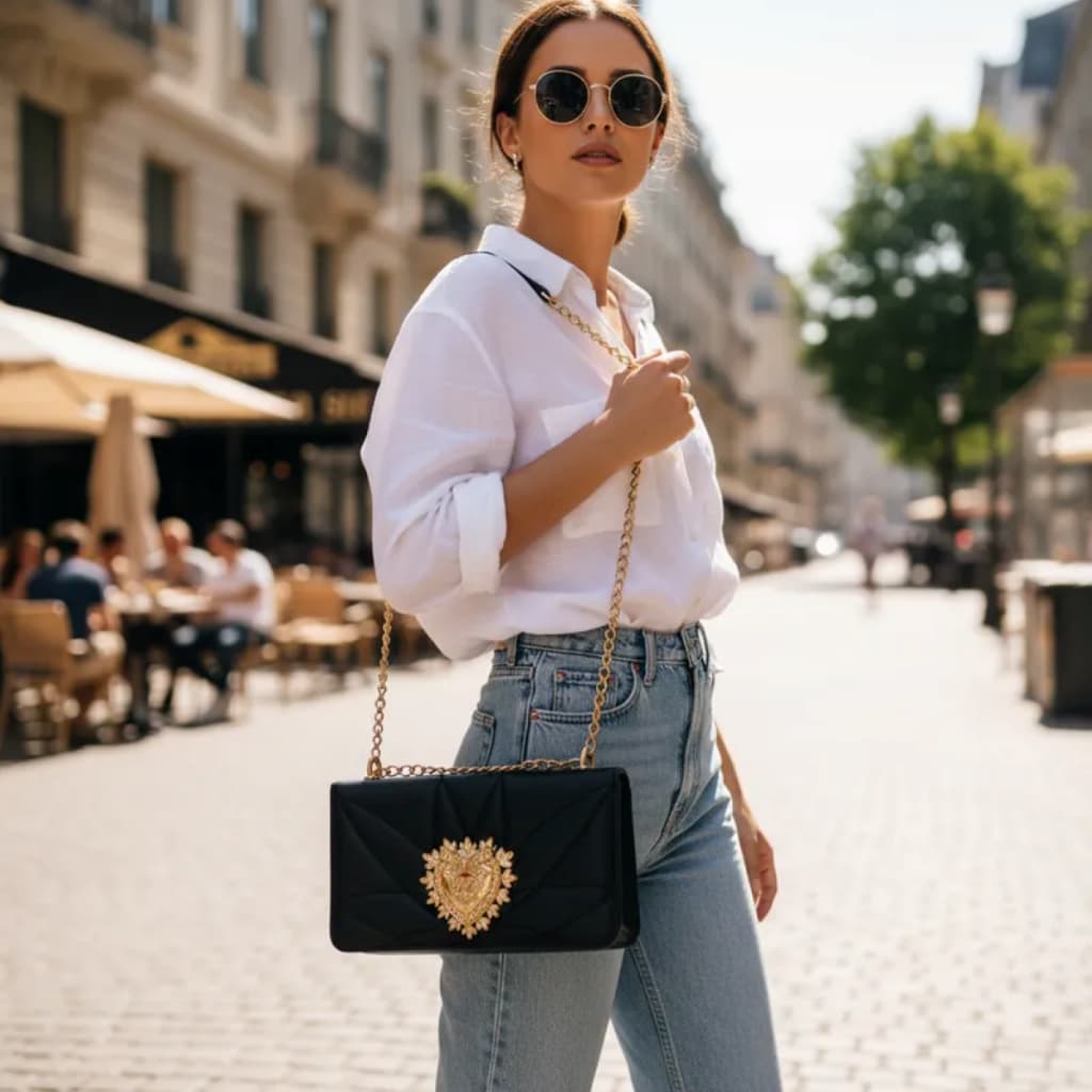 Bolsa Feminina Transversal Bordada a Tira Colo Coração Dourado