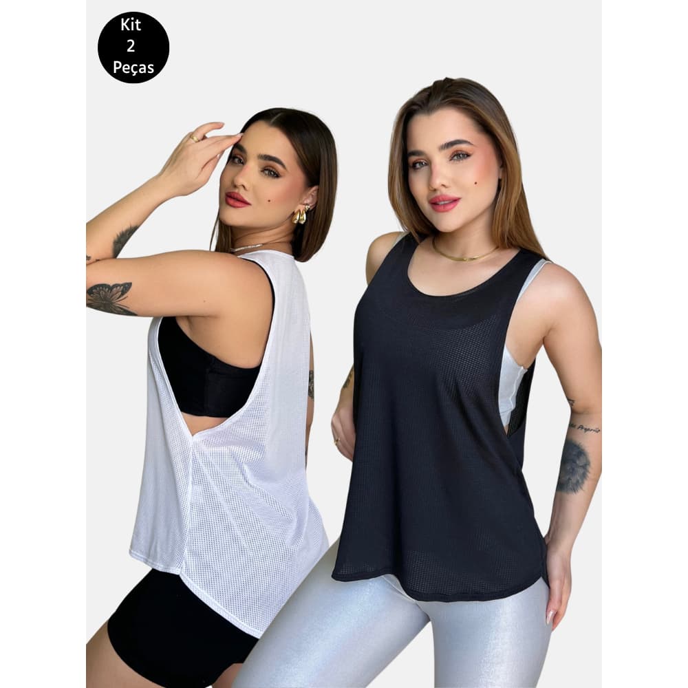 Kit 2 Blusas Dry Fit Feminina Regata Tapa Bumbum Tule Top Cropped Treino Vesti Legging