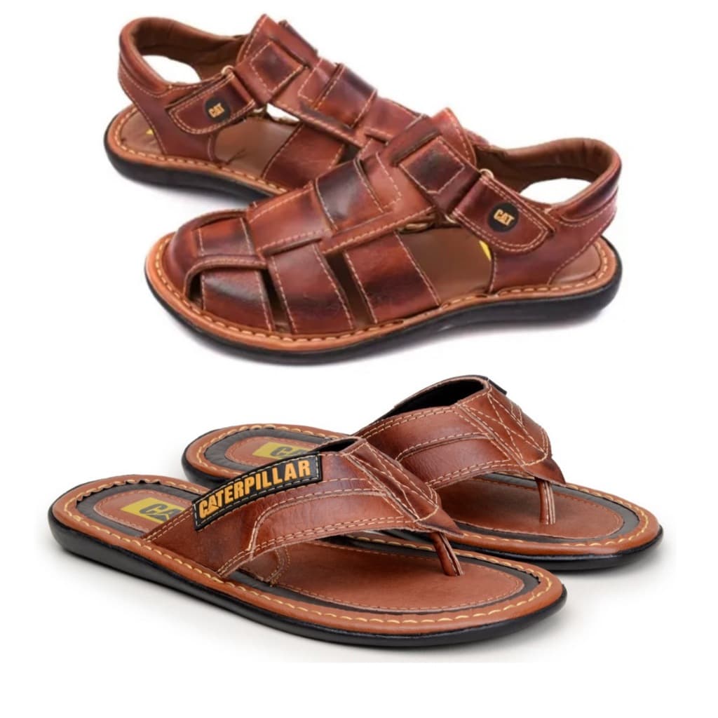 KIT 2 PARES DE SANDALIA CHINELO EM COURO LEGITIMO MASCULINO