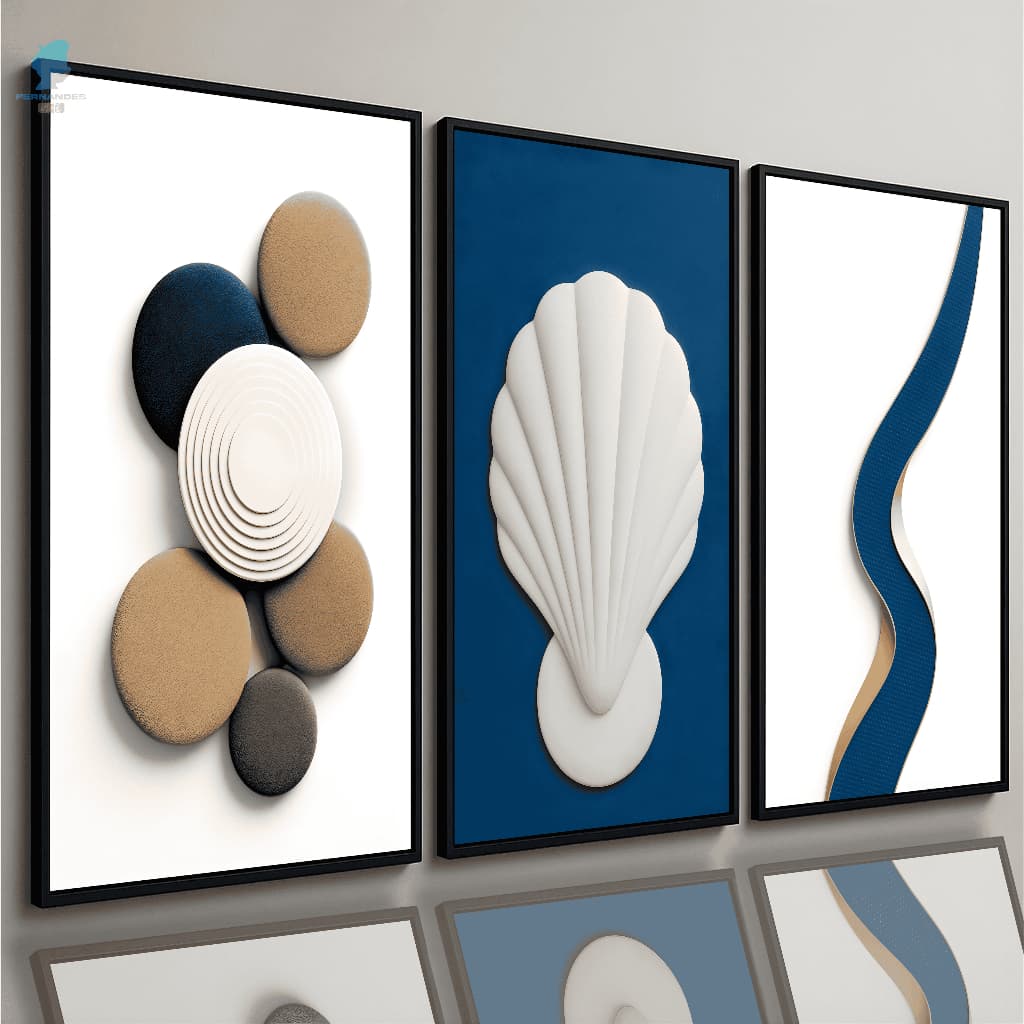 Quadros Decorativos Abstrato 3D Geométrico Moderno Azul Bege e Branco Sala