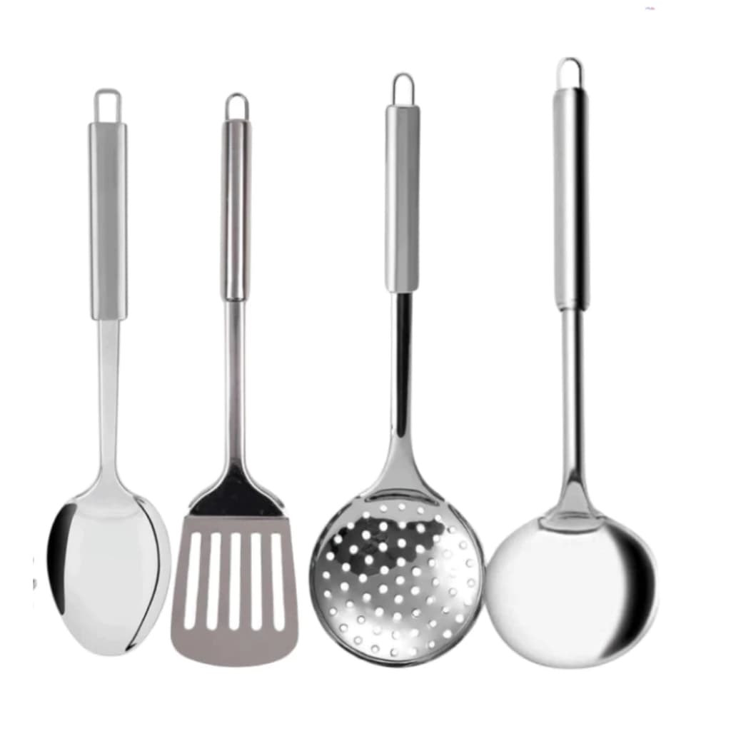 Kit 4 Peças Utensílios para Cozinha em Aço Inox Jogo Completo Escumadeira Concha Espátula Colher