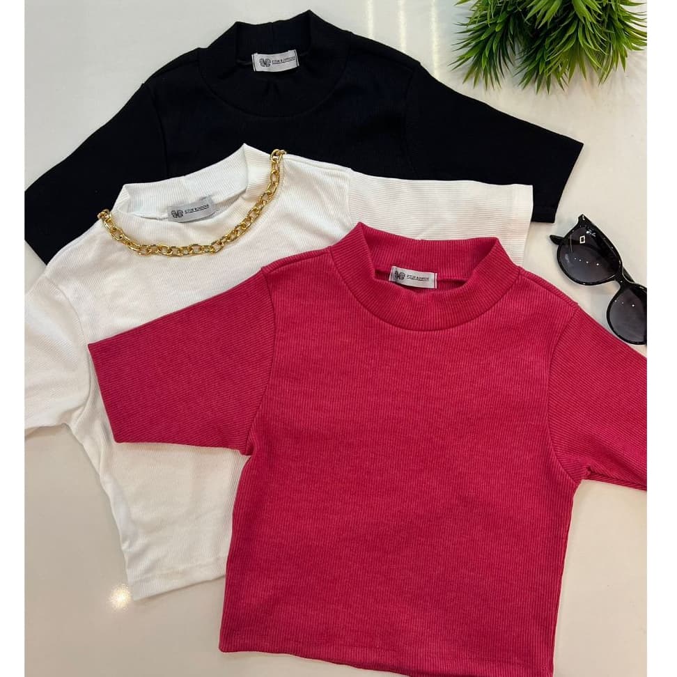 Kit 3 blusas cropped gola alta em tecido ribana cores sortidas