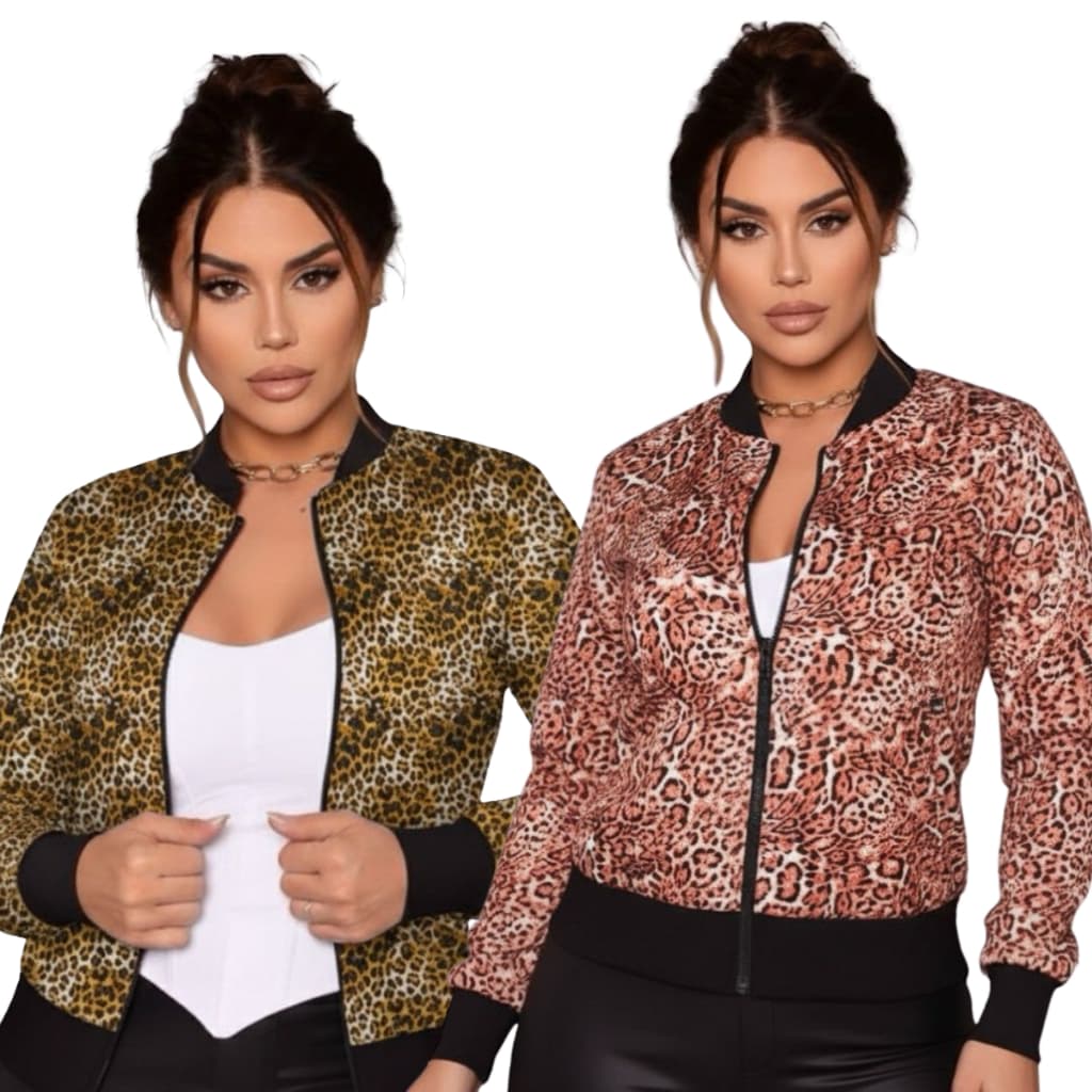 2 Jaquetinhas Feminina Estampada Oncinha Malha Fria e Leve Casual Para Dia a Dia Zíper