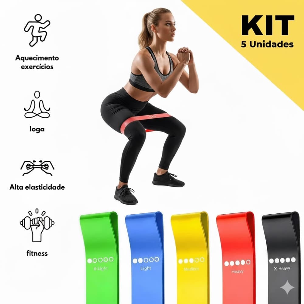 Kit 5 Faixas Elásticas Mini Band Exercícios Academia Treine Em Casa Funcional Corpo Todo Alongamento