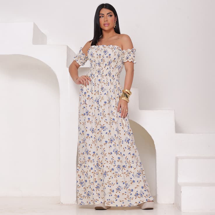 Vestido Longo Descontraído Com Ombros Descobertos Estampa Floral Crepenho