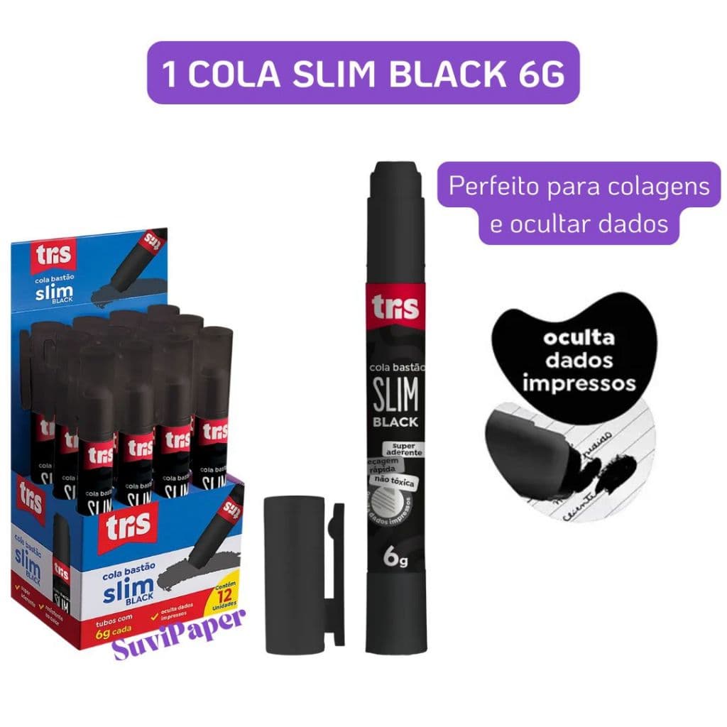 Cola Bastão Tris Slim Black 6g 2 em 1 – 1 Unidade Cola Preta que Oculta Dados Impressos
