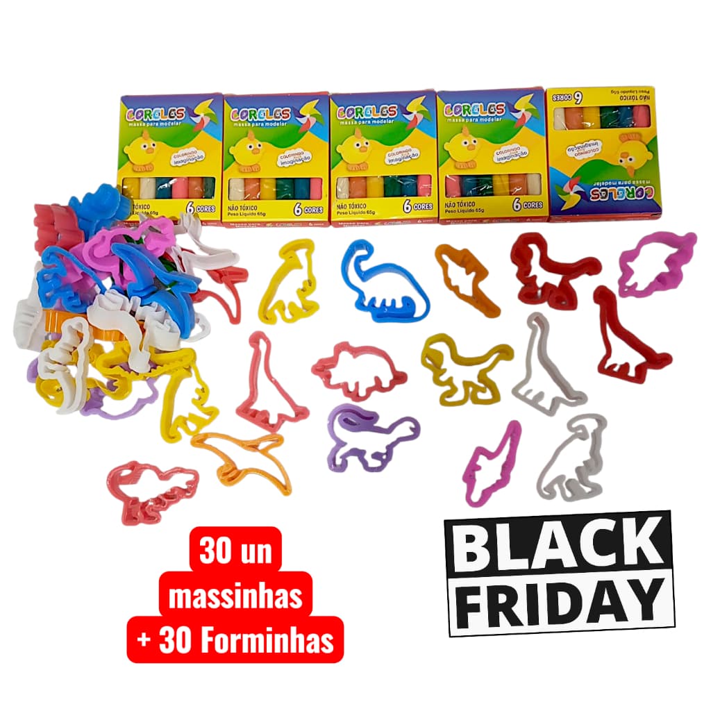 Kit com 30 Unidades de Massinha(5 caixas com 6 cores) + 30 moldes Forminhas Dinossauros Sortidas para modelar -Super TOP