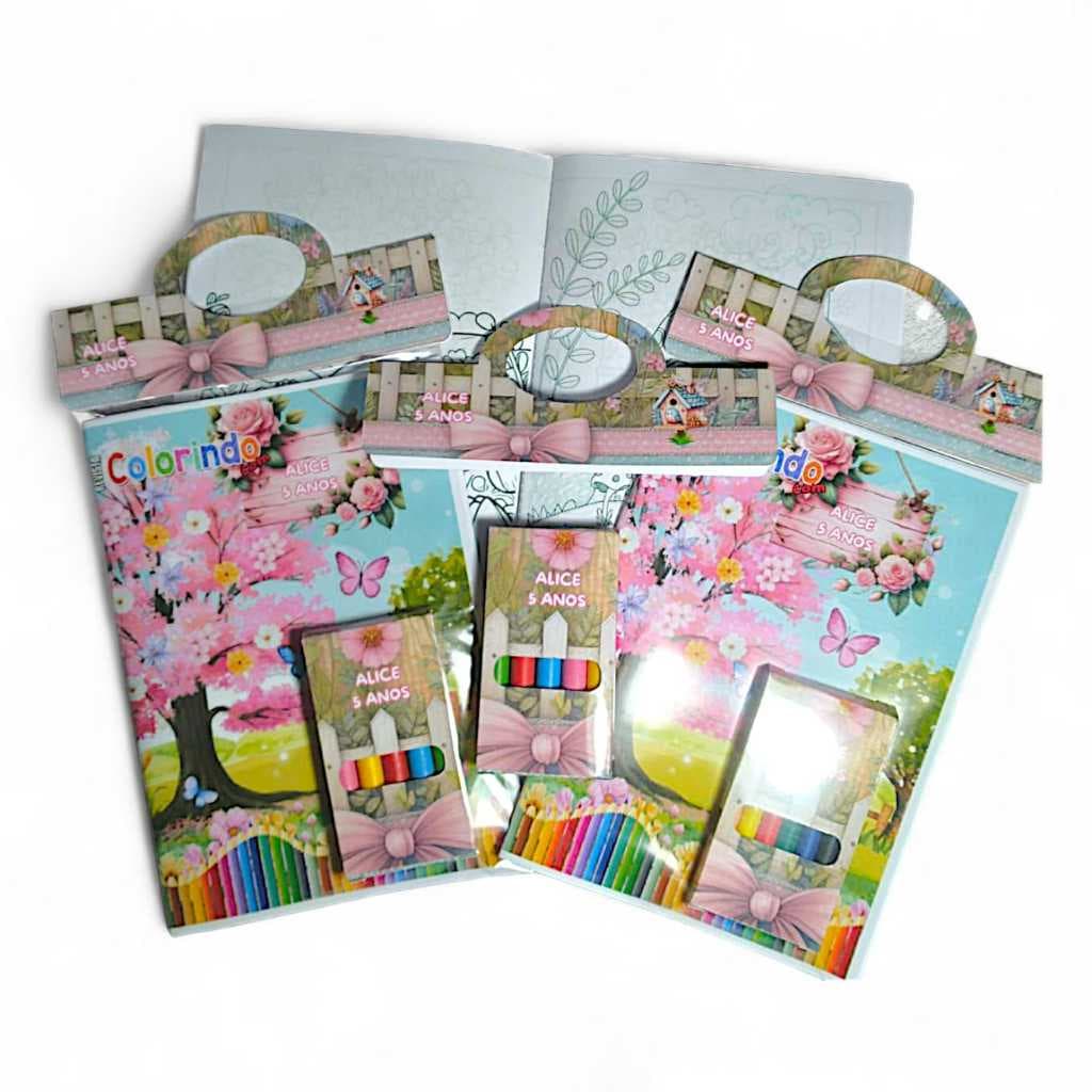 Kit Livros de Colorir e Giz de Cera Personalizados - FESTA E LEMBRANCINHAS- Jardim Encantado