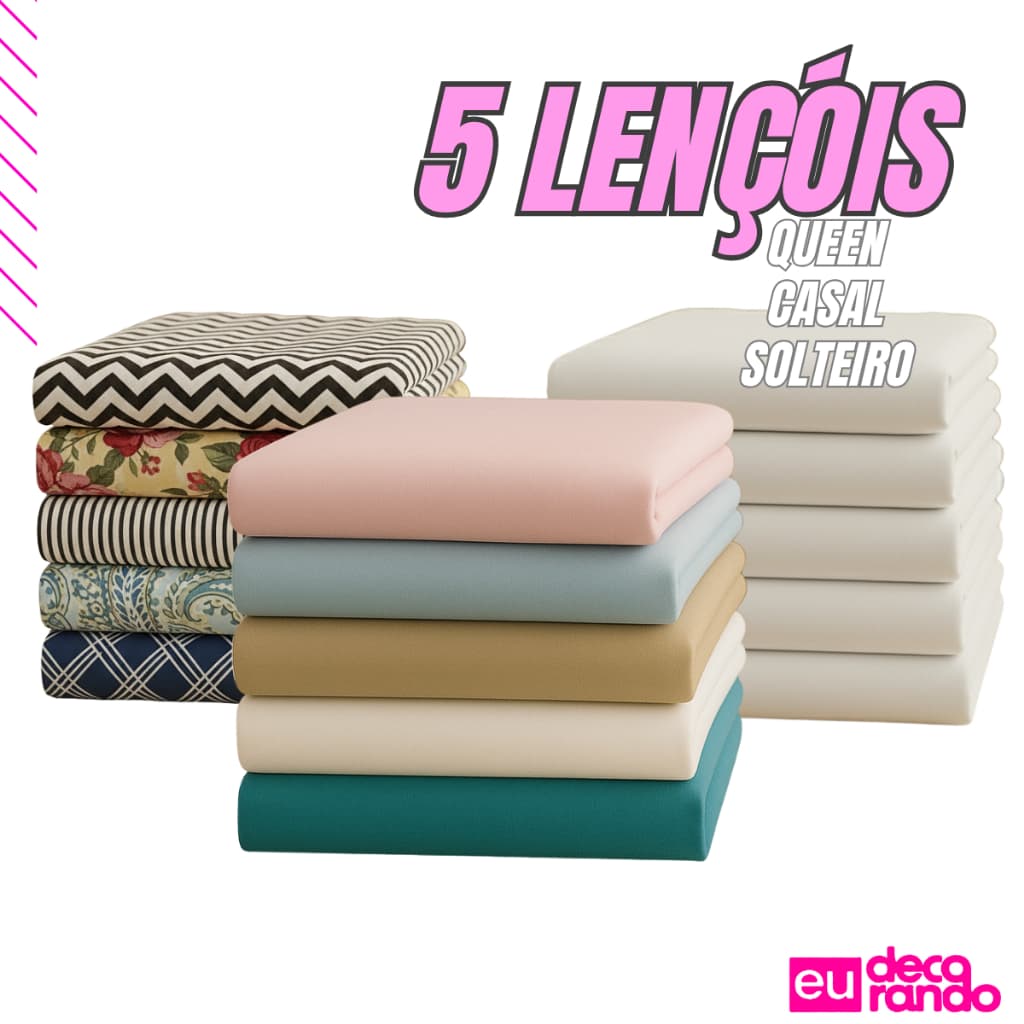 Kit 5 Lençol Superior Sortidos Solteiro Casal e Queen 400 Fios Avulso Conjunto Varias Cores Liso e Estampado