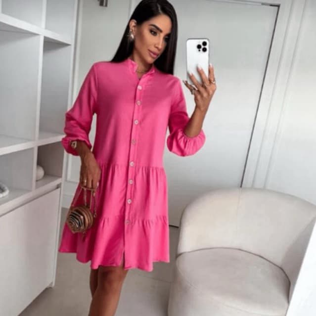 Bata Feminina Linho Vestidinho Casual Com Botões  na frente Tecido Linho Premium