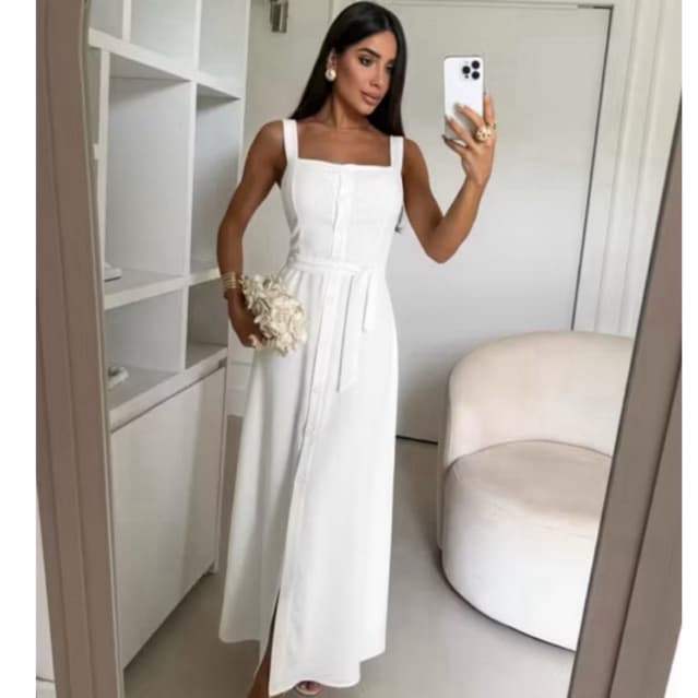 Vestido Longo Melody Liso Com Botões frontais Forrado Tecido Linho Premium