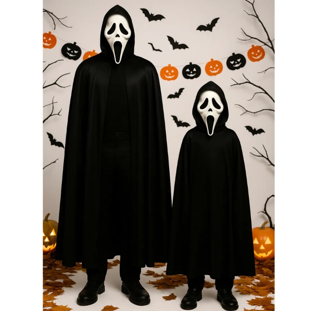 Fantasia Halloween Panico Capa Máscara Adulto Infantil Bruxa Morte Cosplay